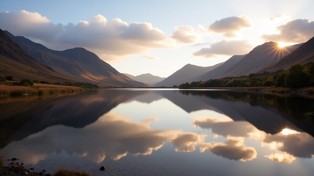 Mountain peaks reflected in still water of Derryclare Lough, dramatic Twelve Bens landscape