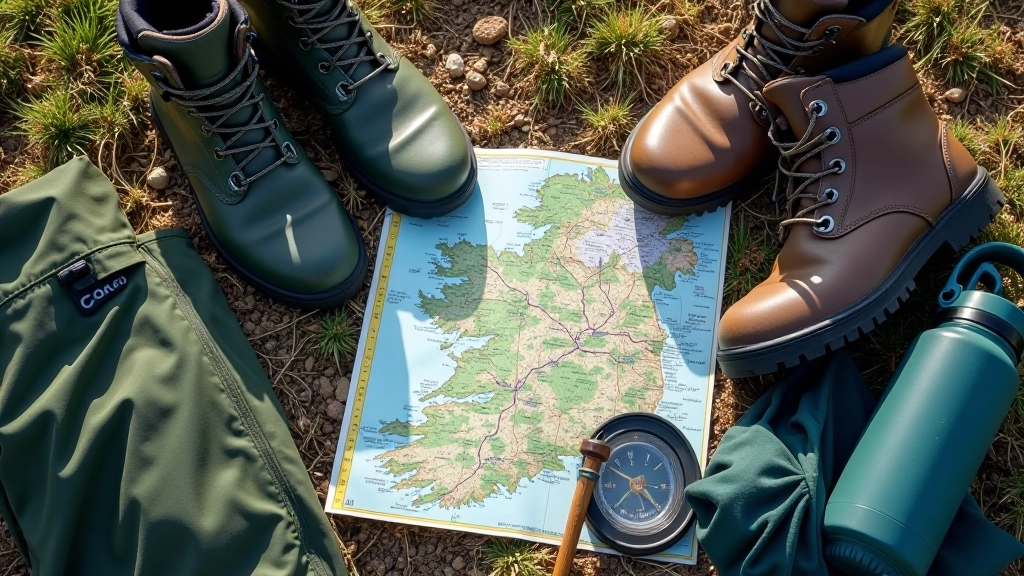Laid-out hiking gear and equipment for bog walking including boots waterproof jacket map and walking poles arranged on outdoor surface