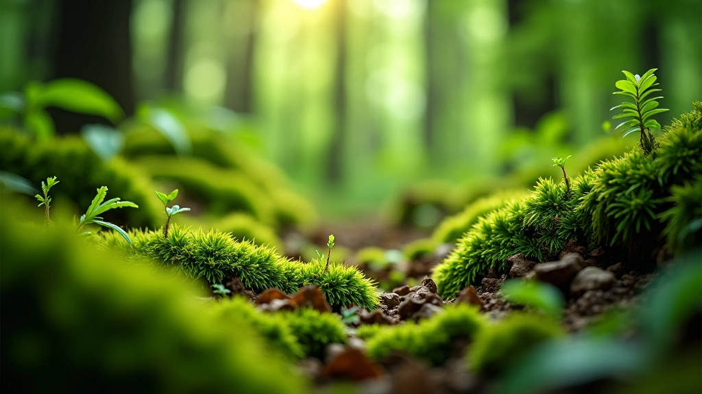 Close-up of moss-covered tree bark and forest floor with ferns and plants