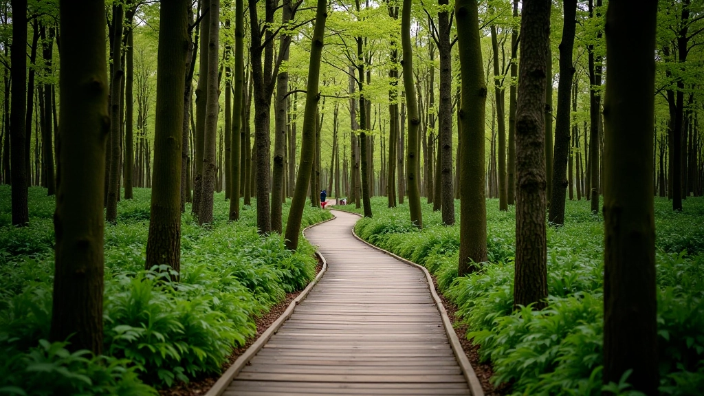 Hiking trail through dense forest with wooden walkway and signage