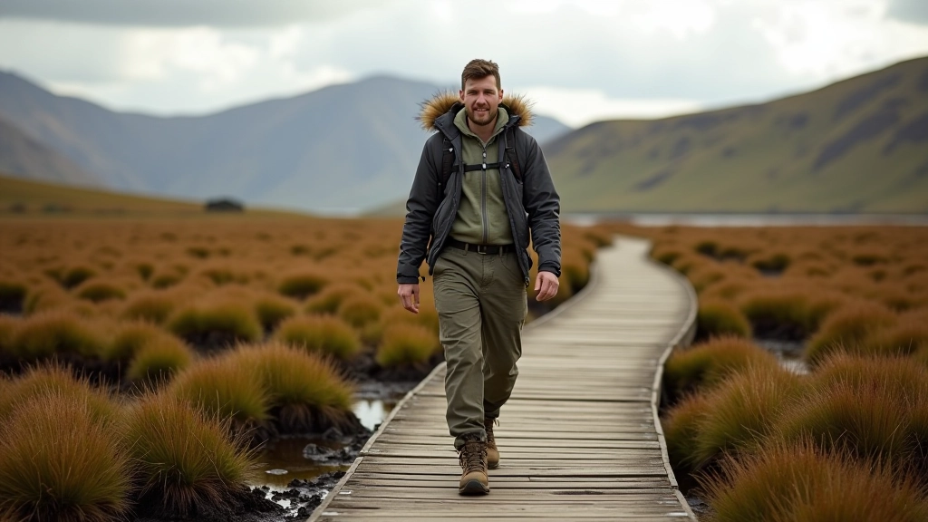 Hiker walking carefully on designated wooden boardwalk path through wet bogland terrain with natural moorland surroundings