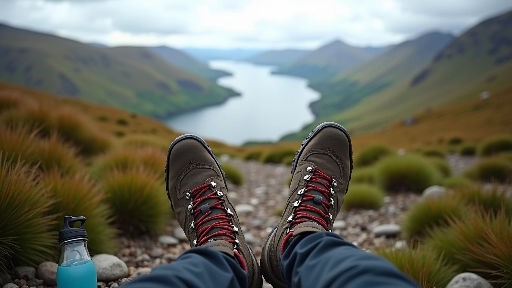 Hiking boots on rocky trail overlooking lake valley, hiking equipment and backpack