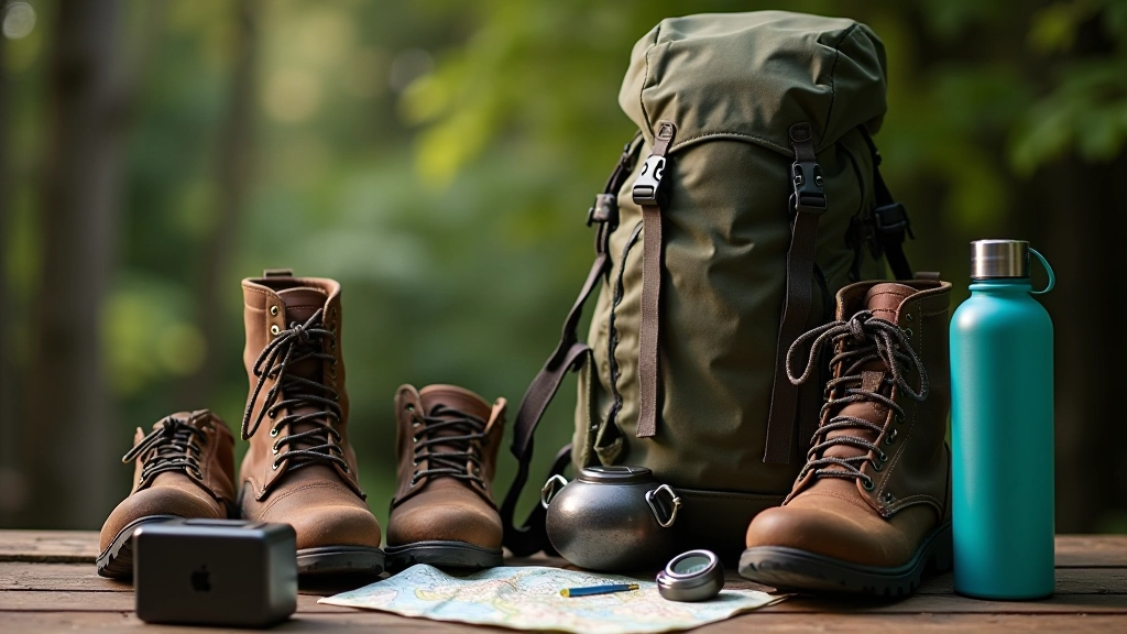 Hiking backpack with boots, water bottle, and outdoor gear laid out on wooden surface