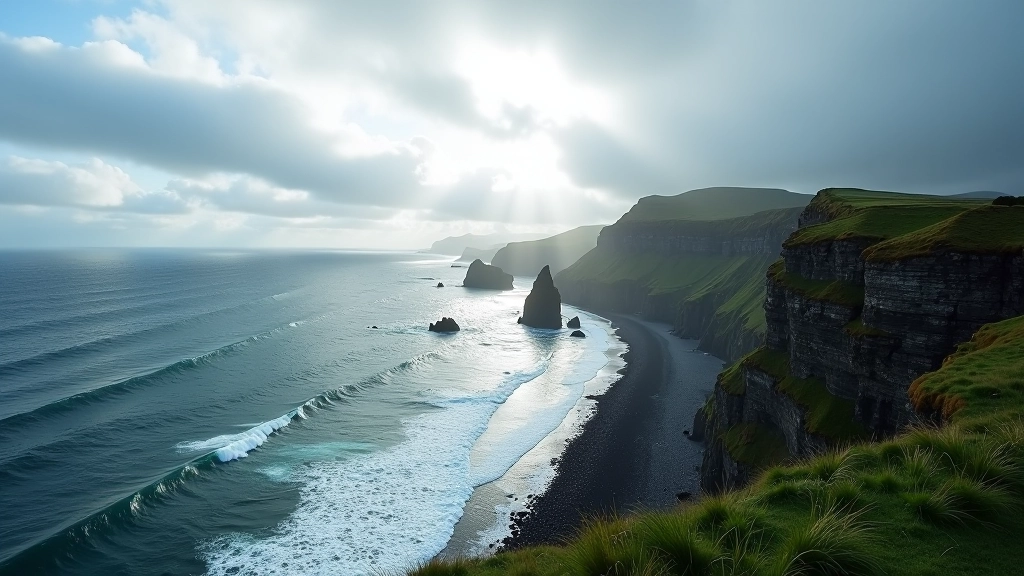 Dramatic Irish coastal landscape with changing weather patterns, partly cloudy sky, ocean waves, rugged cliffs, moody atmosphere