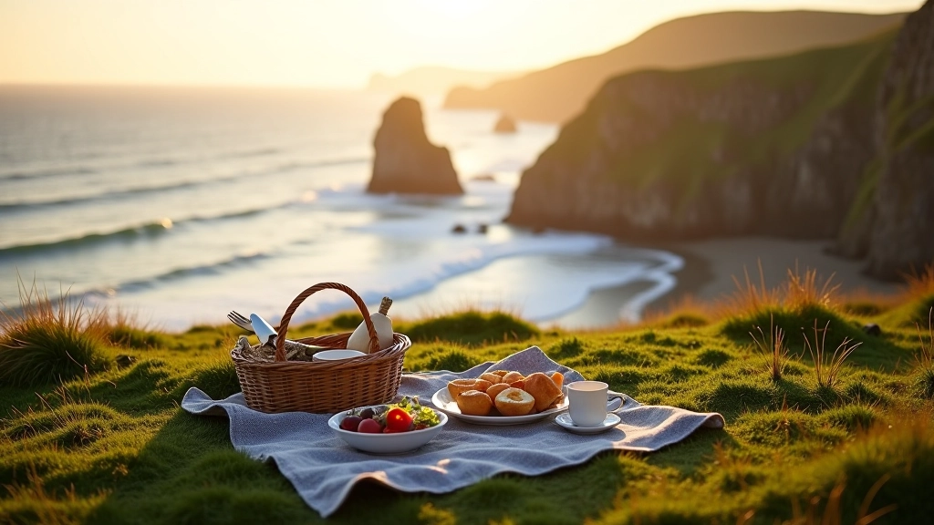 Rugged Atlantic coastline with cliffs overlooking ocean and picnic spot setup