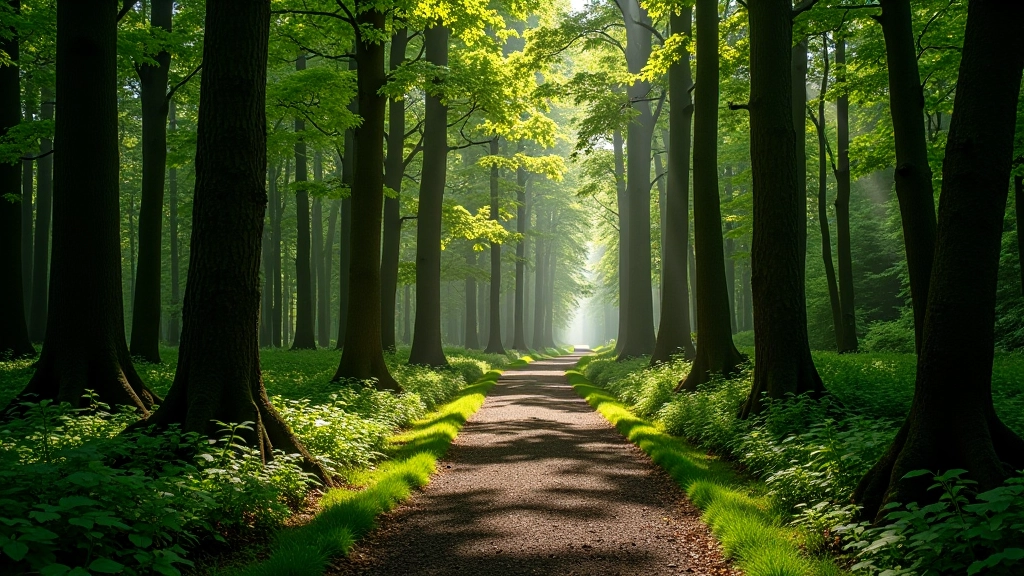 Dense green forest with tall trees and natural walking path through woodland