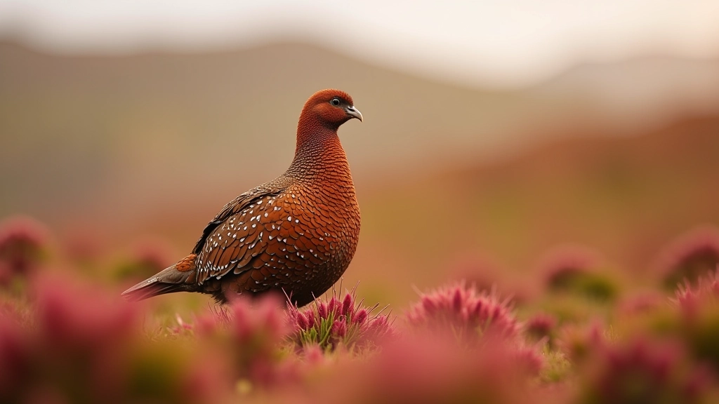 Wildlife on Irish bogland including red grouse bird perched on heather among natural moorland vegetation and peat terrain