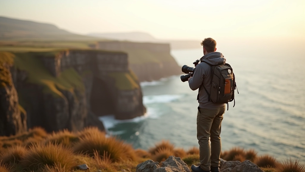 Outdoor explorer and nature guide documenting Irish landscape with professional photography equipment on coastal cliffs