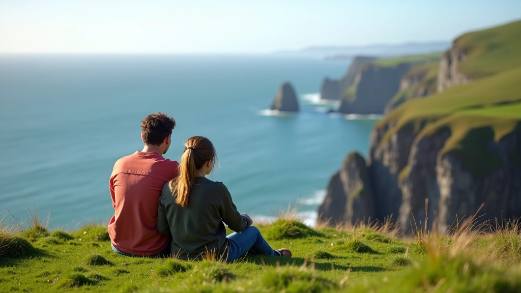 Coastal cliff viewpoint with people sitting on grass overlooking Atlantic Ocean, bright daylight, coastal landscape visible for miles