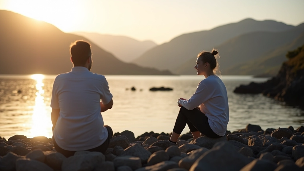 Person sitting on rocky shore gazing at mountain landscape, peaceful meditation moment