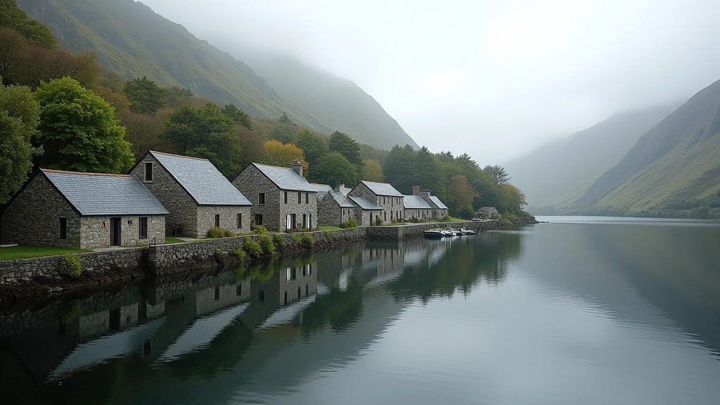 Quiet lakeside village reflected in calm water, traditional stone buildings near shoreline