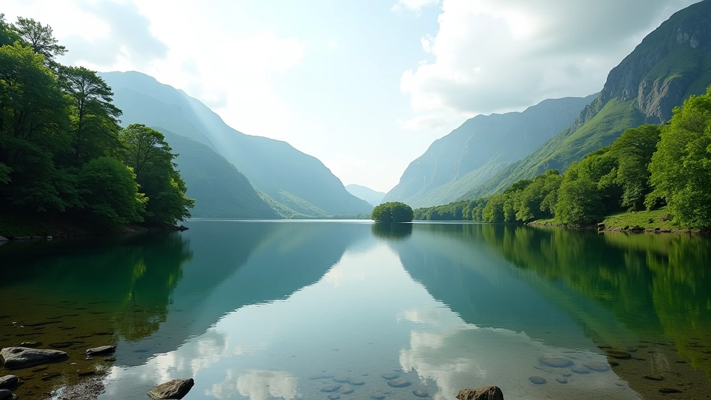 Killarney National Park forest with lake visible through trees, mountains in background