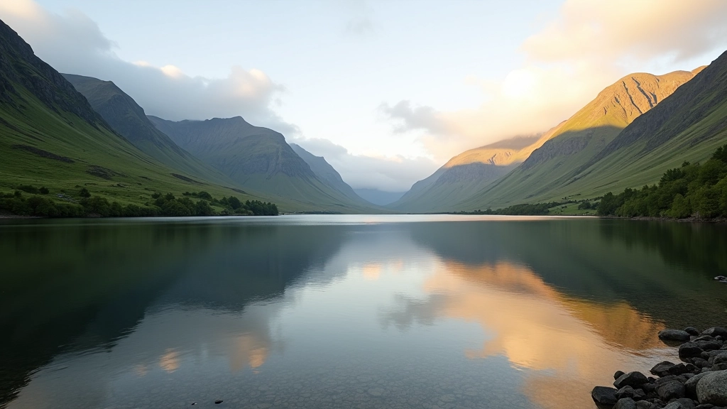 Serene lake surrounded by mountains and green valleys in Connemara region