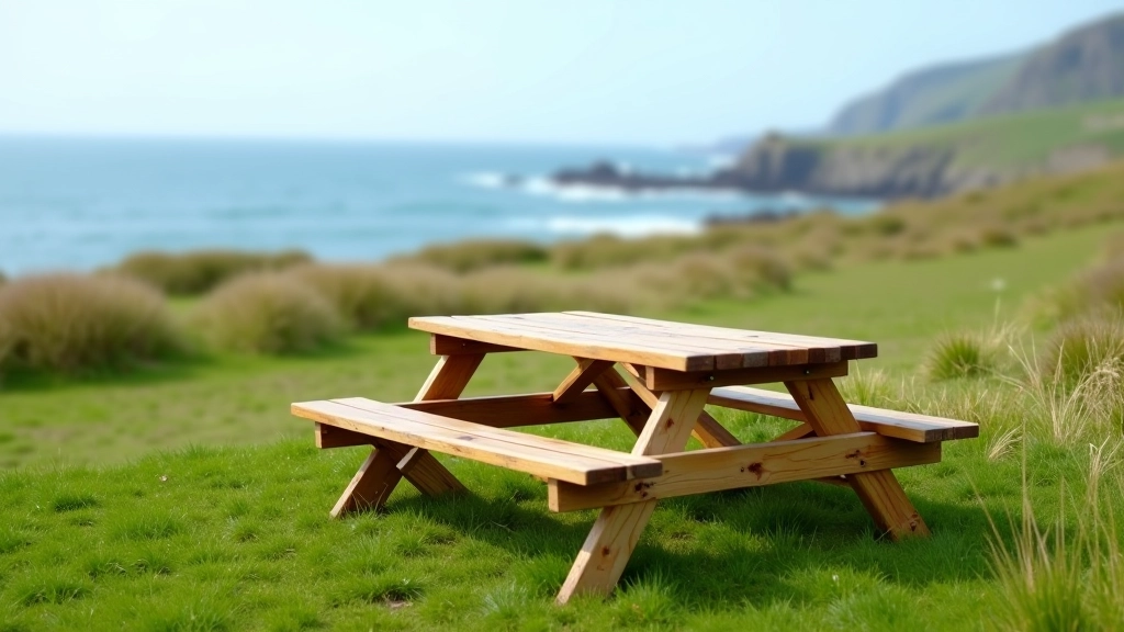 Rustic wooden picnic table on coastal grass area with ocean view in background, natural outdoor setting, bright afternoon light